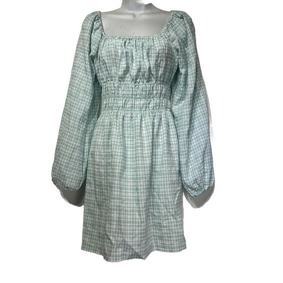 Leyden Blue Plaid Checkered Smocked Boho Long Sleeve Mini Dress Size S - Picture 1 of 9